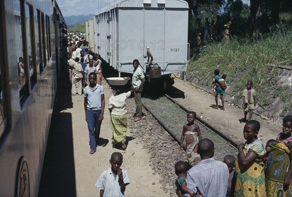 CONGO, Transport, Train and passengers at country railway station.