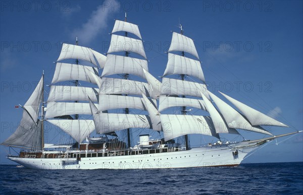 SAILING, Tall ship, Sea Cloud tall ship with white sails built in 1931 with twenty nine sails covering over thirty five thousand square feet.