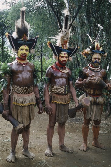 PACIFIC ISLANDS, Melanesia, Papua New Guinea, Southern Highlands. Tari. Huli tribemen Wigmen dressed in costume with painted faces and elaborate headresses