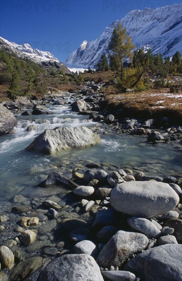 SWITZERLAND, Wallis, Lotschental, "The young Lonza river gorge, looking east towards the head of the Lotschen valley."