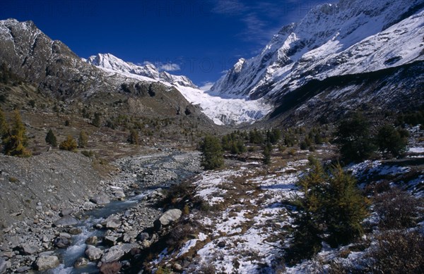 SWITZERLAND, Wallis, Lotschental, The river Lonza starting as glacier meltwater near the head of the Lotschen valley.
