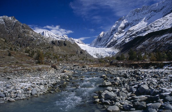 SWITZERLAND, Wallis, Lotschental, The river Lonza starting as glacier meltwater near the head of the Lotschen valley.