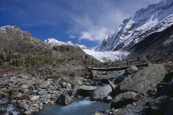 SWITZERLAND, Wallis, Lotschental, "An old foot bridge over the Lonza river, near the head of the valley."