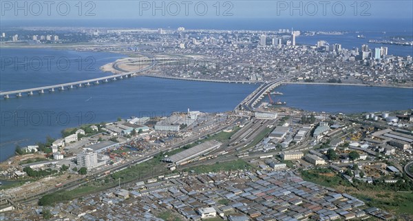 NIGERIA, Lagos, Aerial view of the city and road bridges.