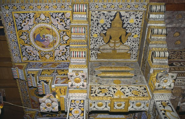 SRI LANKA, Kandy, Temple of the Tooth interior with painted wooden celling