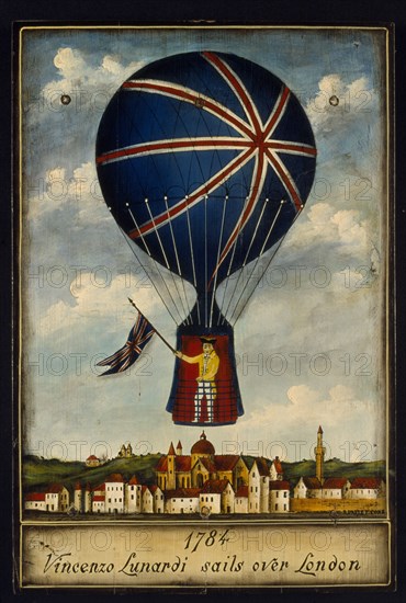 FRANCE, Normandy, Balleroy, "Musee des Ballons in the Chateau de Balleroy. Illustration depicting Vincenzo Lunardi, an Italian diplomat who piloted the first balloon flight in England in 1784 at Moorfields in London."