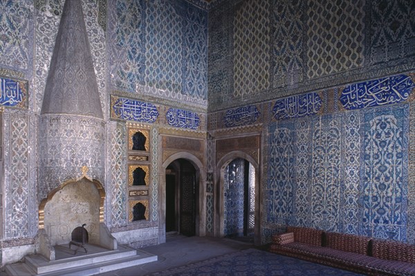 TURKEY, Istanbul, Topkapi Palace.  Interior of the Double Kiosk showing ornate decoration and Iznik tiles.
