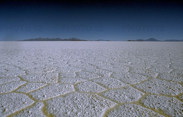 BOLIVIA, Altiplano, Salar de Uyuni, Salt plains in year of heavy rain with hexagonal patterns formed across surface.