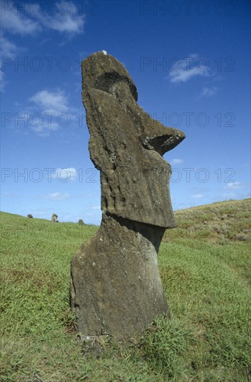 PACIFIC ISLANDS, Easter Island, Rano Raraku Crater. Large Monolith Moai head statue on the slopes of crater