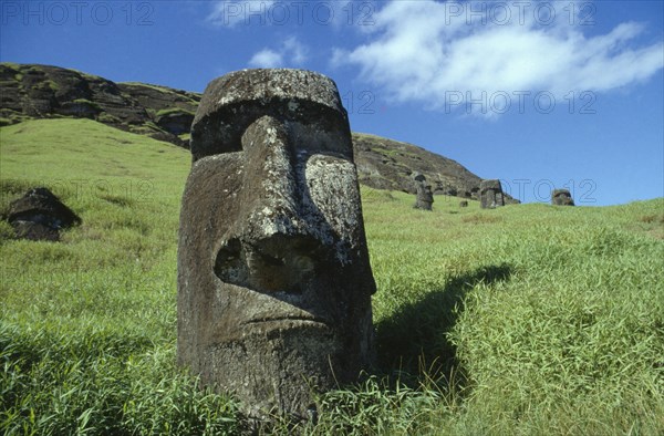 PACIFIC ISLANDS, Easter Island, Rano Raraku Crater. Moai Statues abandonned in transit on the slopes of crater