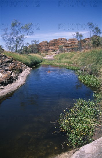 AUSTRALIA, Western , Kimberley, Purnululu or Bungle Bungle Cathedral Gorge with a man swimming in rock pool