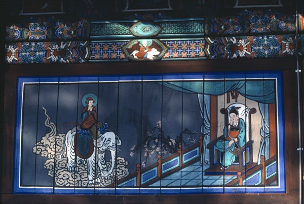 SOUTH KOREA, Kangwan Do, Soraksan, Detail of painted wall on Buddhist temple