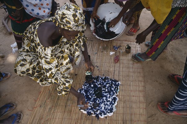 GAMBIA, Arts, Women applying indigo dye to cloth during tie dye process.