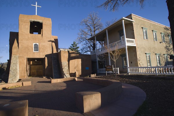 USA, New Mexico, Santa Fe, The San Miguel Mission church built in the adobe style