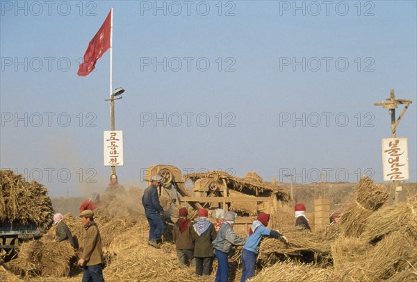 NORTH KOREA, North Hwanghhae Province, UNPA County, People threshing paddy crop. Red Communist Flag flying
