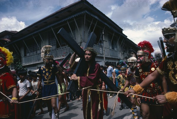 PHILIPPINES, Marinduque, Boac, Moriones Festival passion play re-enactment of the story of the Roman soldier Longinus and the crucifixtion of Jesus on Good Friday.
