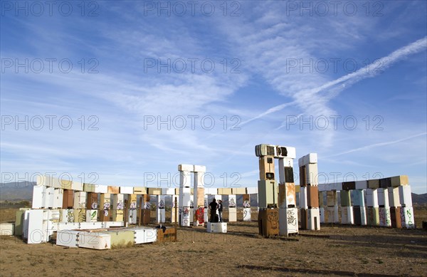 USA, New Mexico, Santa Fe, Stonefridge a life sized replica of Stonehenge made out of recycled fridges by local artist and filmmaker Adam Horowitz