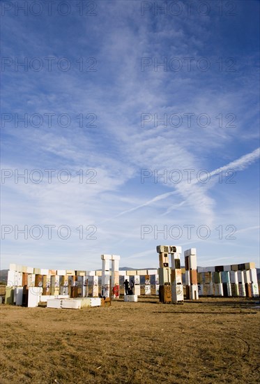 USA, New Mexico, Santa Fe, Stonefridge a life sized replica of Stonehenge made out of recycled fridges by local artist and filmmaker Adam Horowitz