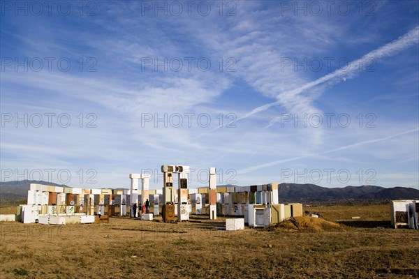 USA, New Mexico, Santa Fe, Stonefridge a life sized replica of Stonehenge made out of recycled fridges by local artist and filmmaker Adam Horowitz