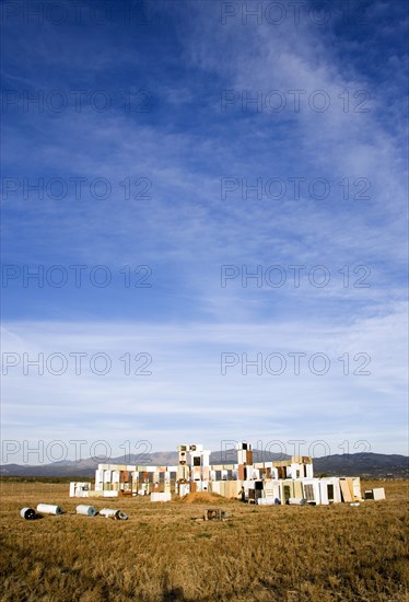 USA, New Mexico, Santa Fe, Stonefridge a life sized replica of Stonehenge made out of recycled fridges by local artist and filmmaker Adam Horowitz