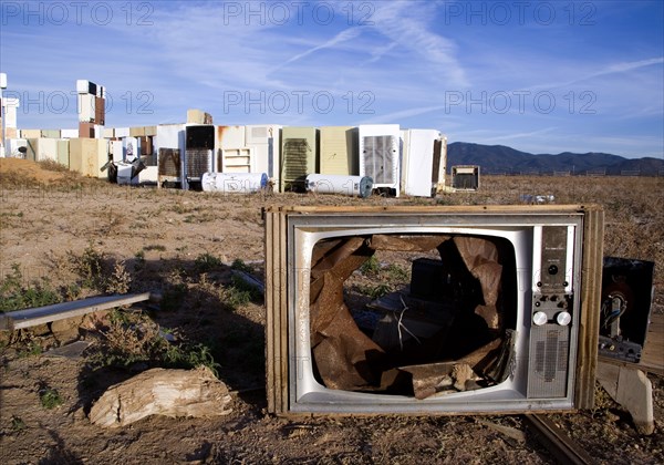 USA, New Mexico, Santa Fe, Stonefridge a life sized replica of Stonehenge made out of recycled fridges by local artist and filmmaker Adam Horowitz