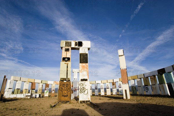 USA, New Mexico, Santa Fe, Stonefridge a life sized replica of Stonehenge made out of recycled fridges by local artist and filmmaker Adam Horowitz