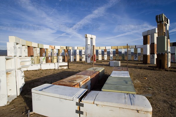 USA, New Mexico, Santa Fe, Stonefridge a life sized replica of Stonehenge made out of recycled fridges by local artist and filmmaker Adam Horowitz