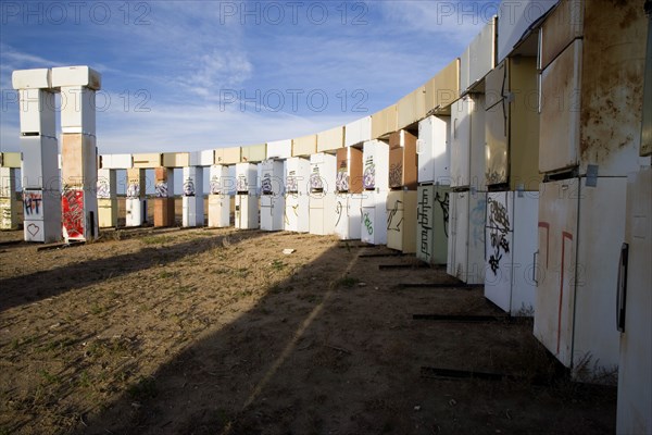 USA, New Mexico, Santa Fe, Stonefridge a life sized replica of Stonehenge made out of recycled fridges by local artist and filmmaker Adam Horowitz