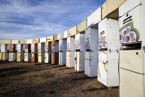 USA, New Mexico, Santa Fe, Stonefridge a life sized replica of Stonehenge made out of recycled fridges by local artist and filmmaker Adam Horowitz