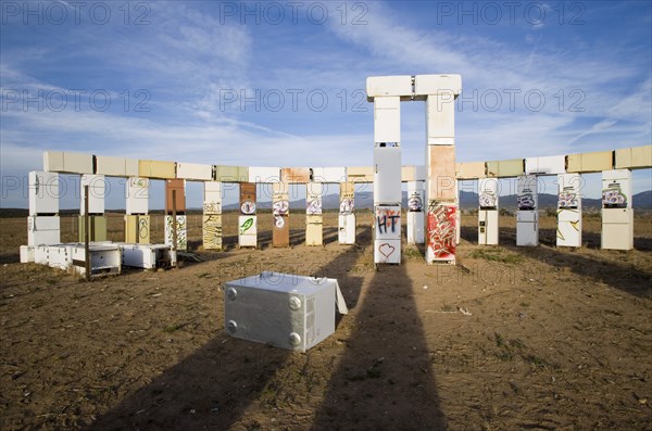 USA, New Mexico, Santa Fe, Stonefridge a life sized replica of Stonehenge made out of recycled fridges by local artist and filmmaker Adam Horowitz