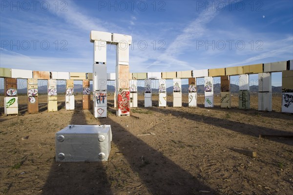 USA, New Mexico, Santa Fe, Stonefridge a life sized replica of Stonehenge made out of recycled fridges by local artist and filmmaker Adam Horowitz