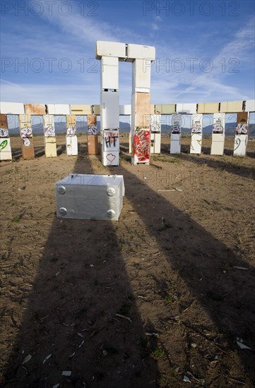 USA, New Mexico, Santa Fe, Stonefridge a life sized replica of Stonehenge made out of recycled fridges by local artist and filmmaker Adam Horowitz