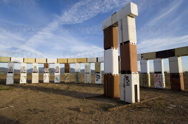 USA, New Mexico, Santa Fe, Stonefridge a life sized replica of Stonehenge made out of recycled fridges by local artist and filmmaker Adam Horowitz