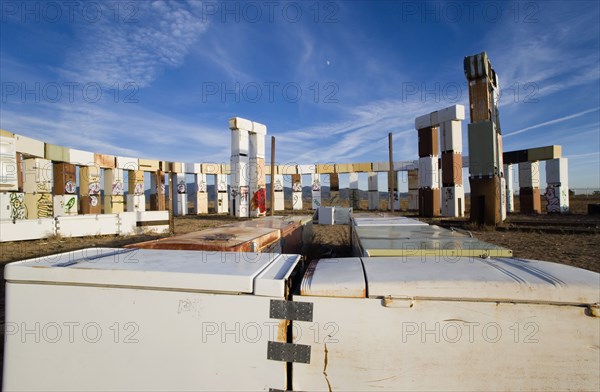 USA, New Mexico, Santa Fe, Stonefridge a life sized replica of Stonehenge made out of recycled fridges by local artist and filmmaker Adam Horowitz