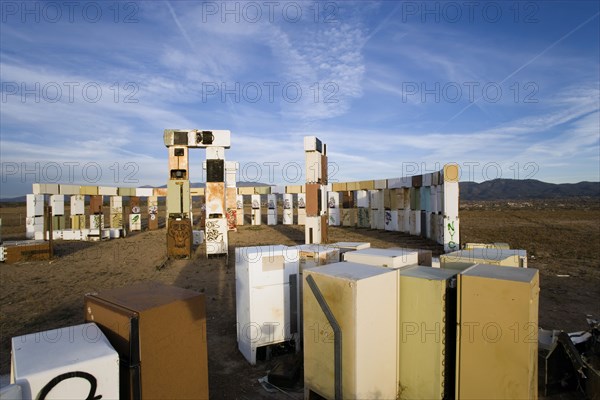 USA, New Mexico, Santa Fe, Stonefridge a life sized replica of Stonehenge made out of recycled fridges by local artist and filmmaker Adam Horowitz