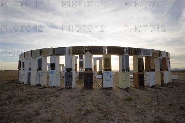 USA, New Mexico, Santa Fe, Stonefridge a life sized replica of Stonehenge made out of recycled fridges by local artist and filmmaker Adam Horowitz