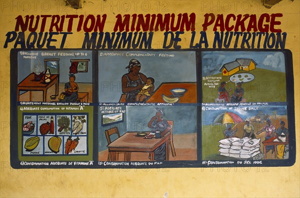 GUINEA , Kissidougou, Camp for Sierra Leonean refugees. Nutrition and health information poster on wall.