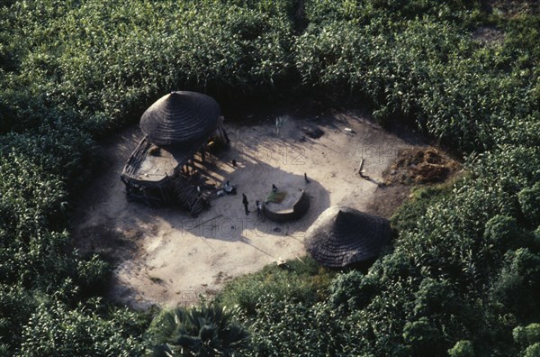 SUDAN, Traditional Housing, Aerial view over Dinka settlement in maize and sorghum fields.