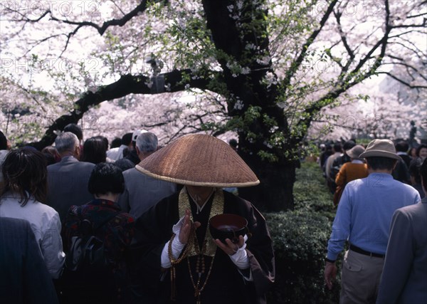 JAPAN, Honshu, Tokyo, Chidorigafuchi Park. Buddhist Monk begging under a tree with crowds of people viewing Cherry Blossoms