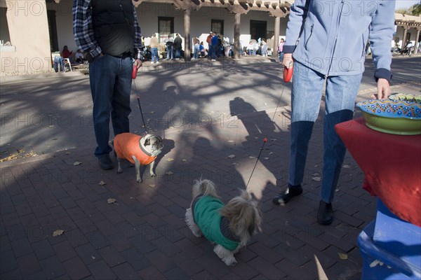 USA, New Mexico, Santa Fe, Two people out walking dogs on leads and standing beside a crafts stall in the Plaza opposite the Governors Palace