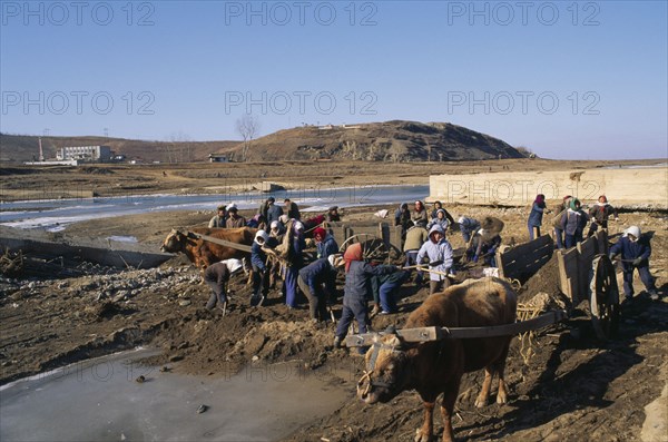 NORTH KOREA, N. Hwanghae Prov., Environment, Repairing bridge damaged by 1995 floods.