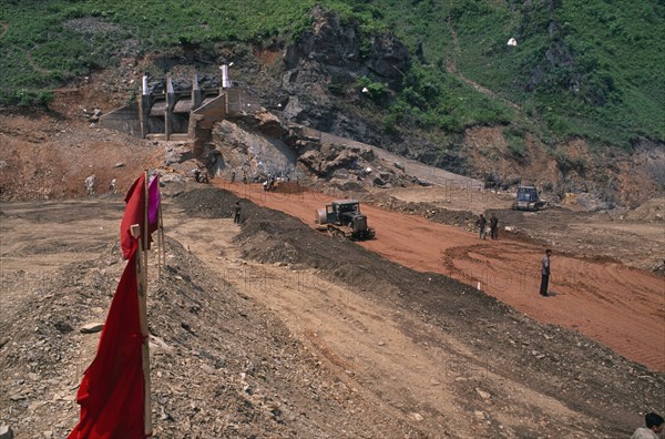 NORTH KOREA, N. Hwanghae Prov., Linsan County, Reconstruction of dam damaged by 1995 floods.