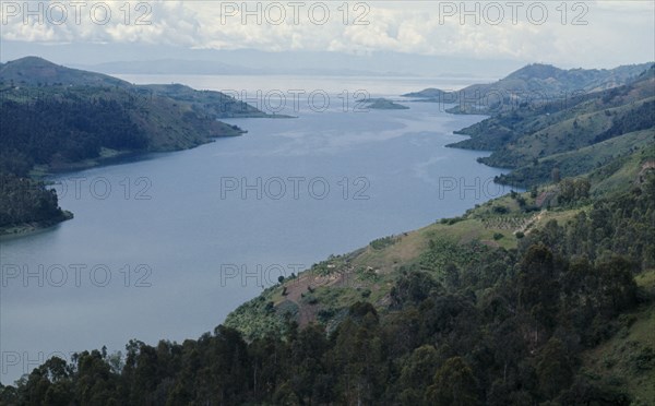 RWANDA, Lake Kivu, Lake and surrounding landscape of rift valley bordering the Democratic Republic of the Congo.