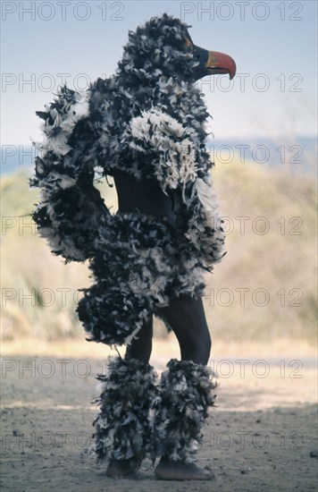 ZIMBABWE, People, Men, Makishi bird dancer in feathered mask and costume.