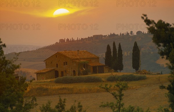 ITALY, Tuscany, Farmhouse and cypress trees at sunset near San Quirico d’Orcia.