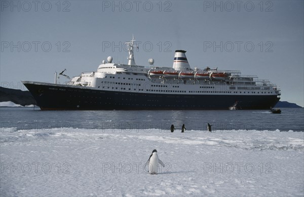 ANTARCTICA, Ross Sea, Ross Island, Tourist ship Marco Polo with Adelie penguins at Cape Royds.