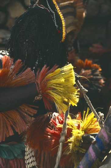 MALI, Ceremony, Dogon dancer wearing costume of red and yellow fringed fibre with bead and cowrie shell ornamentation.