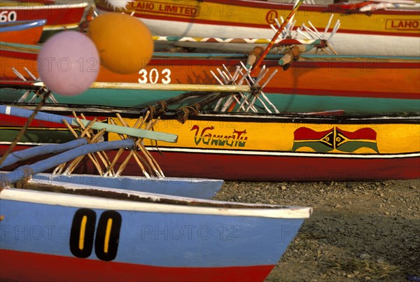 PACIFIC ISLANDS, Melanesia, Vanuatu, "Port Vila, Efate Island. Canoes on the seafront of the capital city. "