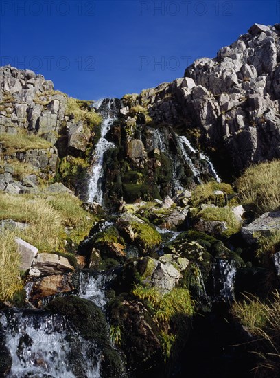SCOTLAND, Highlands, Inchnadamph Forest, "Stream and waterfall from Coire a’ Mhadaidh, North side of Ben More Assynt"