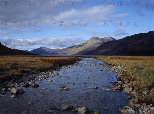 SCOTLAND, Highlands, Knoydart, "River Barrisdale flowing to Loch Hourn, Beinn Sgritheall beyond"